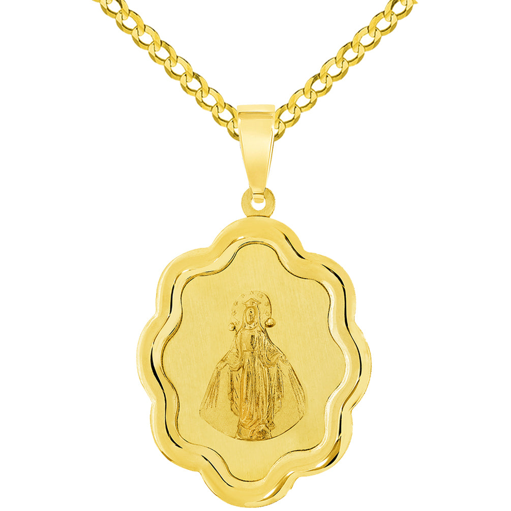 14k Yellow Gold Elegant Miraculous Medal of Virgin Mary Pendant with Cuban Chain Curb Necklace