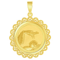 Load image into Gallery viewer, 14k Yellow Gold Religious Baptism Christening On Round Ornate Medal Pendant with Cuban Chain Curb Necklace
