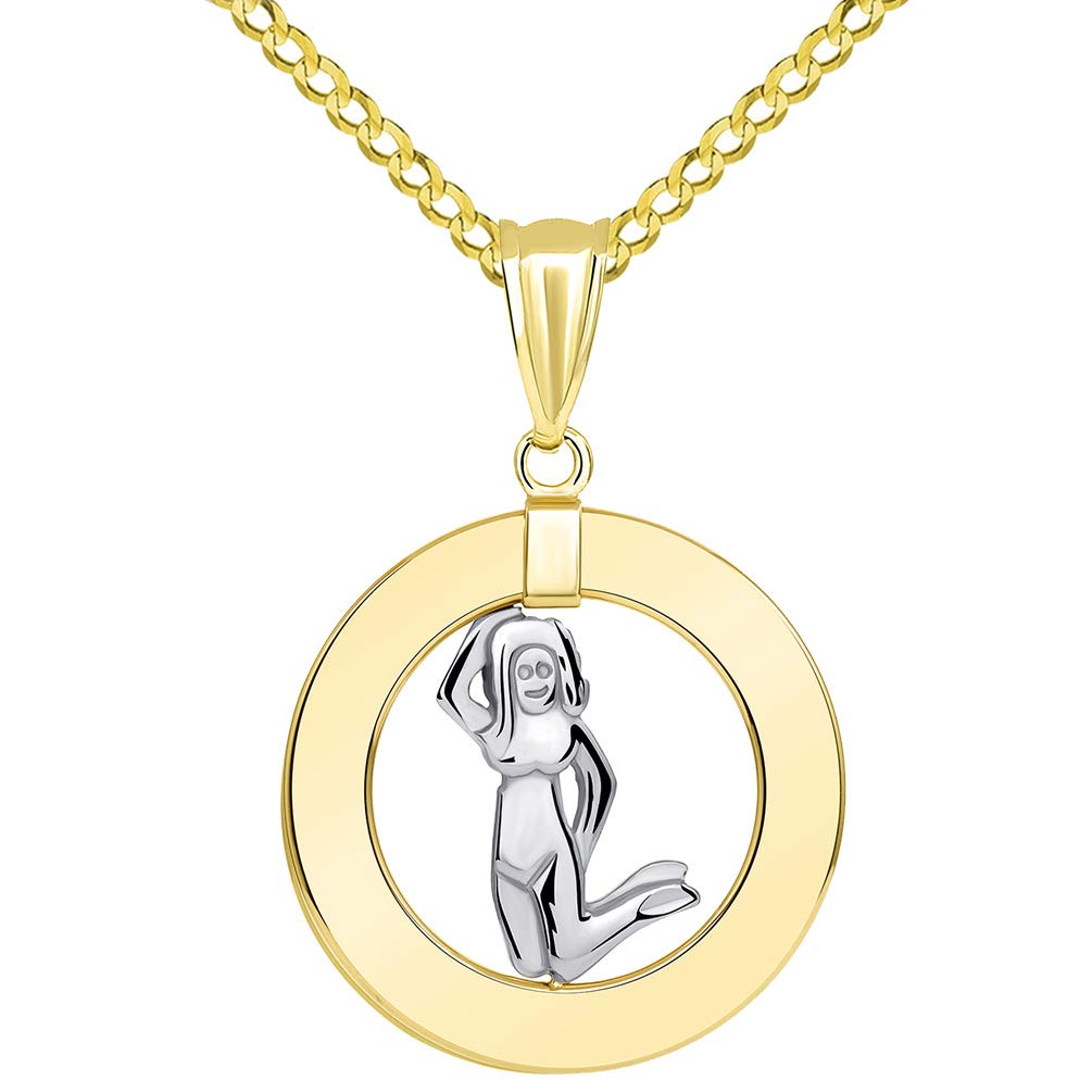 14k Gold Open Circle Virgo Zodiac Sign Pendant Cuban Necklace - Two-Tone Gold