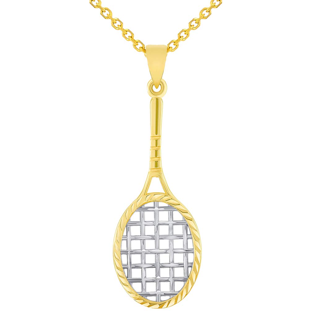 14k Yellow Gold Textured Tennis Racket Sports Pendant Necklace