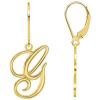 Load image into Gallery viewer, Solid 14k Yellow Gold Elegant Script Letter Cursive Initial Dangle Drop Earrings with Leverback - A to Z
