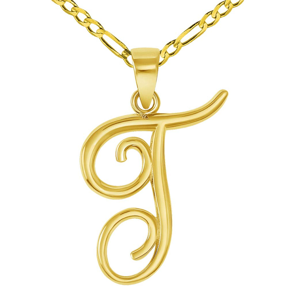 14k Yellow Gold Elegant Script Letter T Cursive Initial Pendant with Figaro Chain Necklace