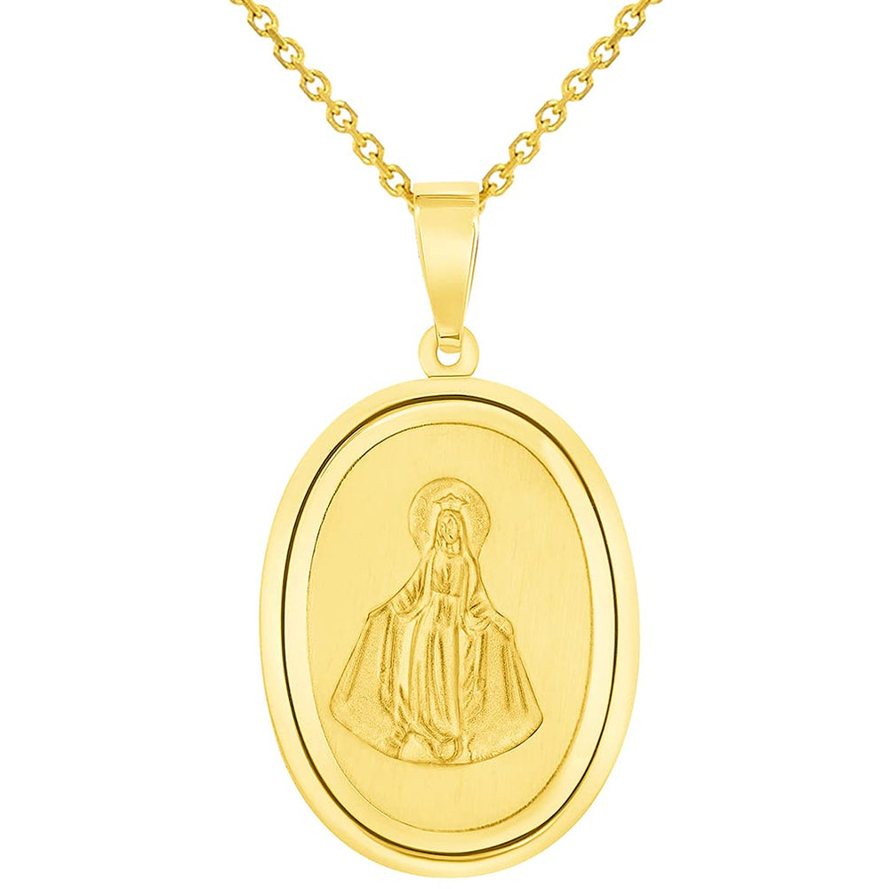 14k Yellow Gold Oval Miraculous Medal of Virgin Mary Pendant Necklace