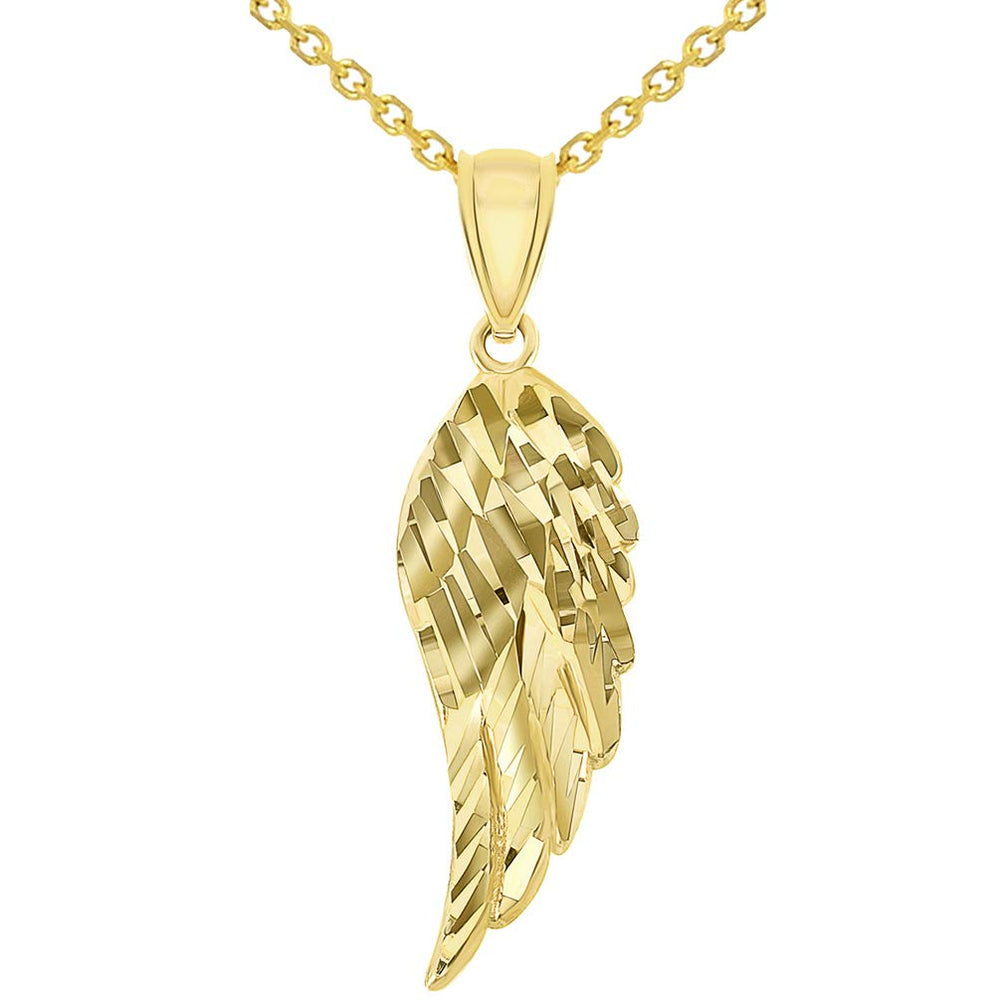 Solid 14k Yellow Gold Textured D/C Angel Wing Charm Pendant with Rolo Chain Necklace