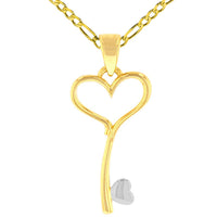 Load image into Gallery viewer, Solid 14K Yellow Gold Open Heart Love Curved Key Pendant with Figaro Chain Necklace
