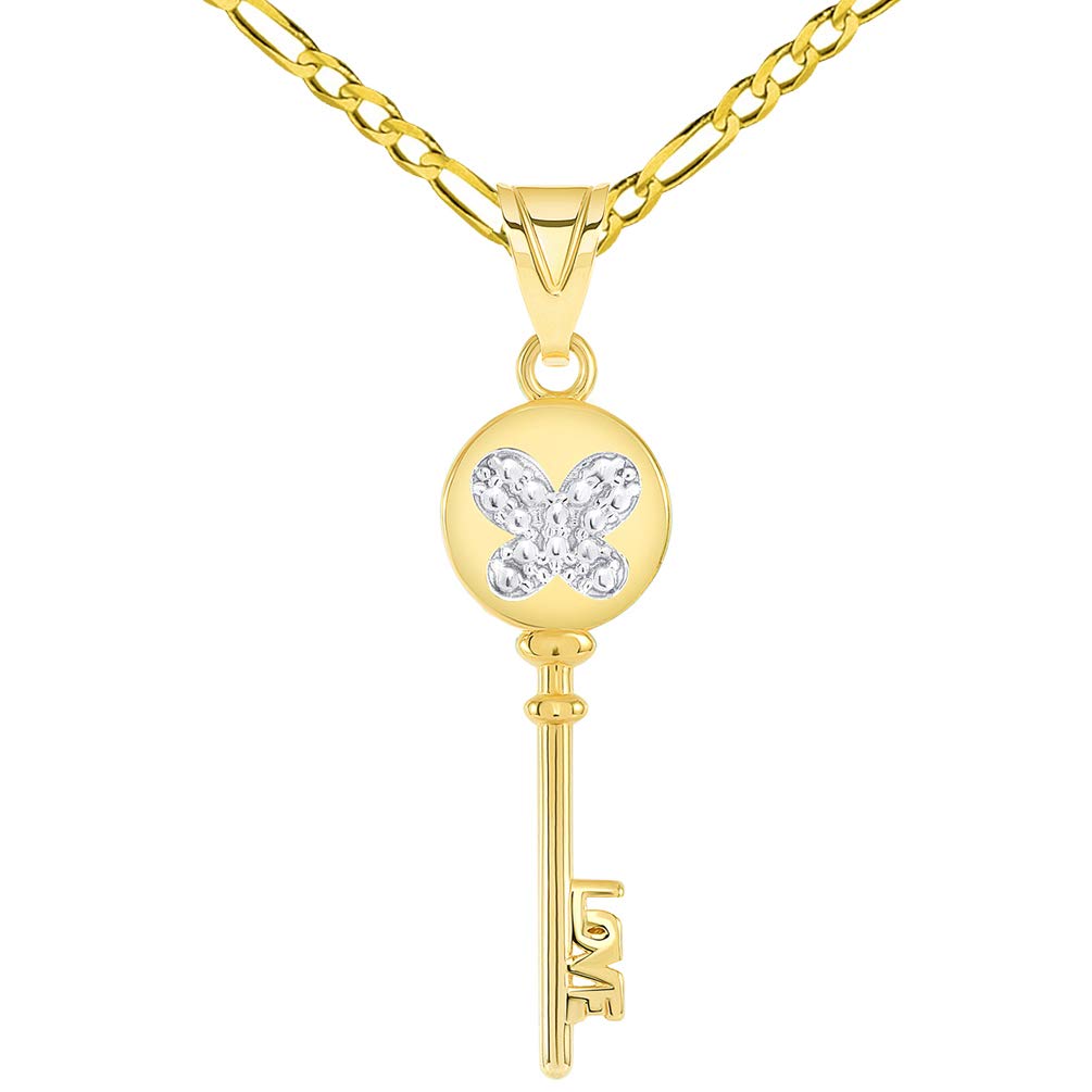 14k Yellow Gold Round Bow Handle Two Tone Butterfly Love Key Pendant with Figaro Chain Necklace