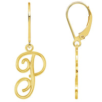 Load image into Gallery viewer, Solid 14k Yellow Gold Elegant Script Letter Cursive Initial Dangle Drop Earrings with Leverback - A to Z
