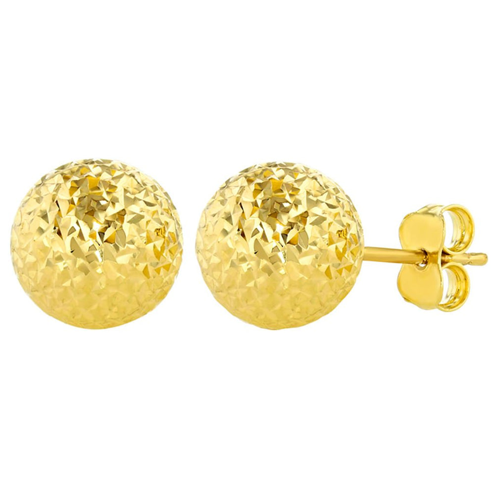 14k Yellow Gold Textured Ball Earrings Round Sphere Studs, 9.4mm
