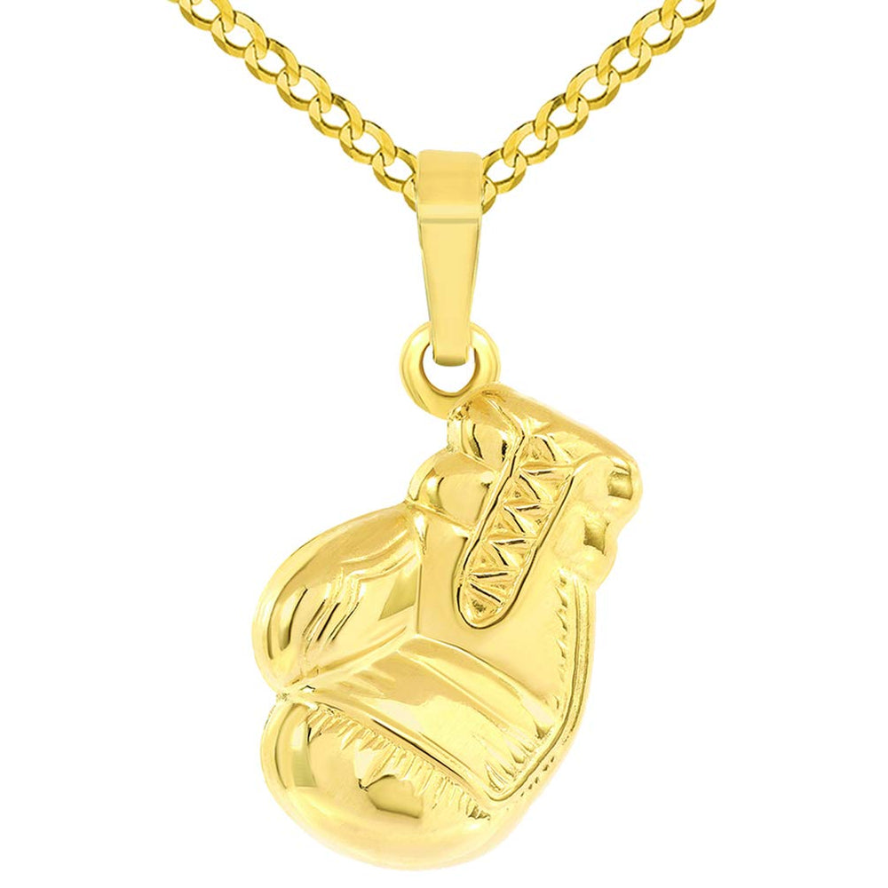 High Polish 14k Yellow Gold 3D Single Boxing Glove Charm Sports Pendant with Curb Chain Necklace