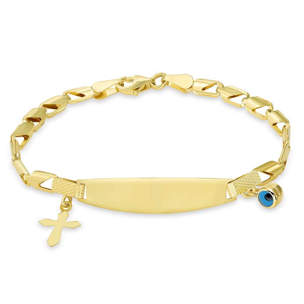 14k Yellow Gold or White Gold Engravable ID Half-Open Link Bracelet with Evil Eye and Religious Cross Charm