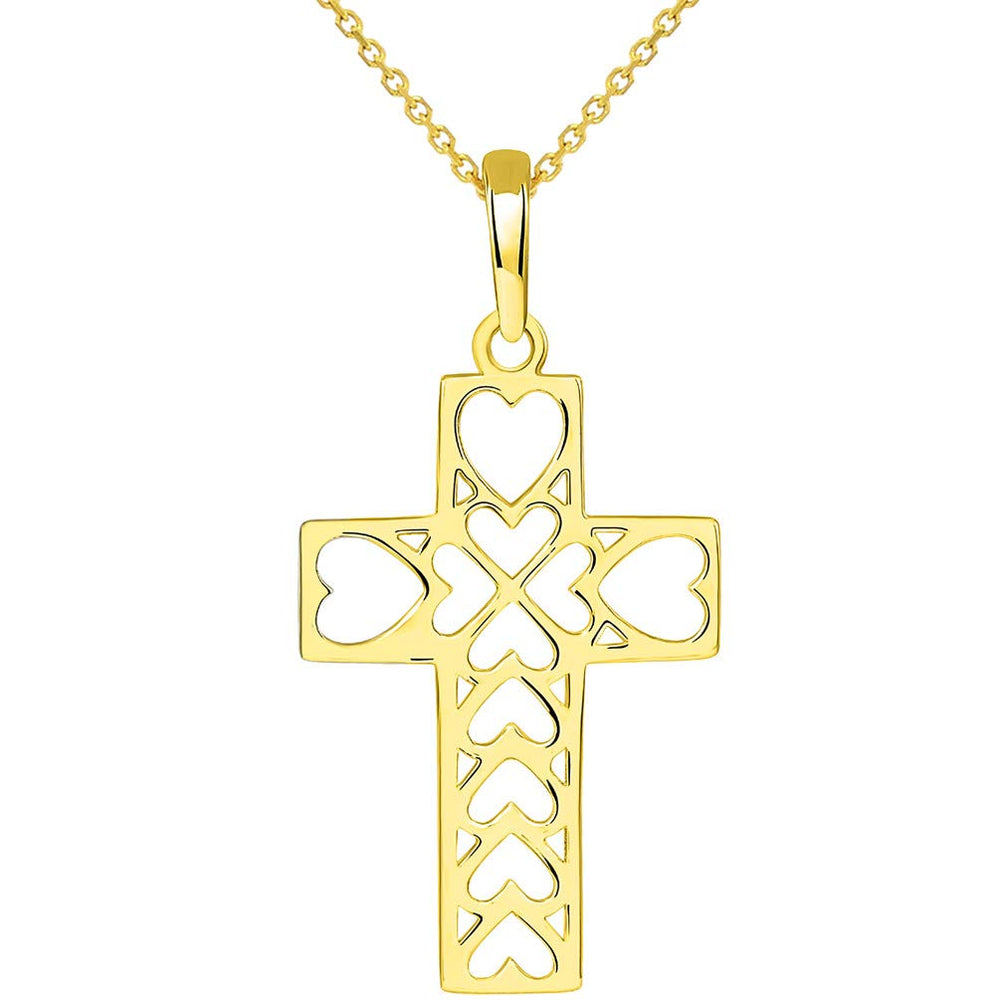 14k Yellow Gold Open Heart Christian Cross Pendant Necklace