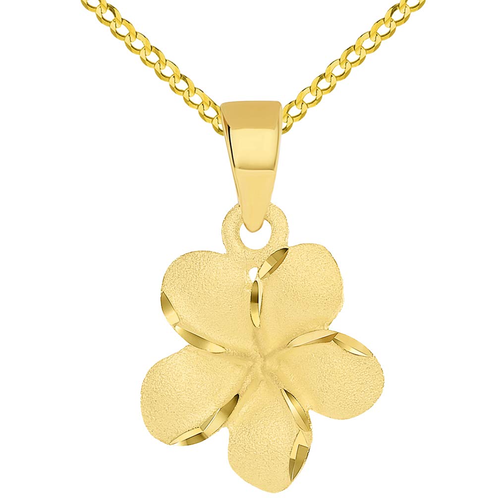14k Yellow Gold Textured Small Hawaiian Plumeria Flower Charm Pendant with Curb Chain Necklace