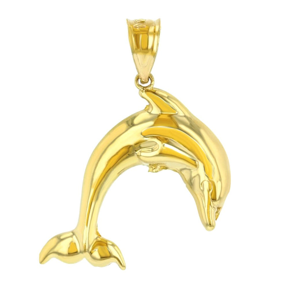 14K Yellow Gold Jumping Dolphin Charm Animal Pendant with High Polish