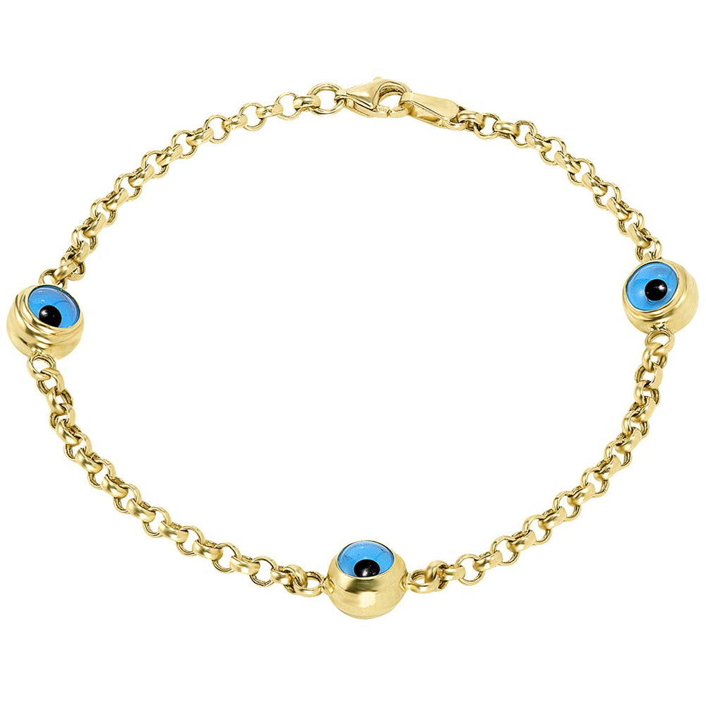 14k Solid Yellow Gold Eye of Nazar Blue Evil Eye 2.5mm Rolo Chain Link Bracelet