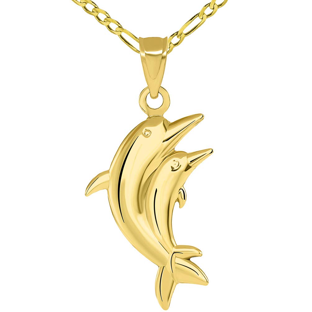 14k Gold 3D Two Dolphins Jumping Together Vertical Pendant with Figaro Necklace - Yellow Gold