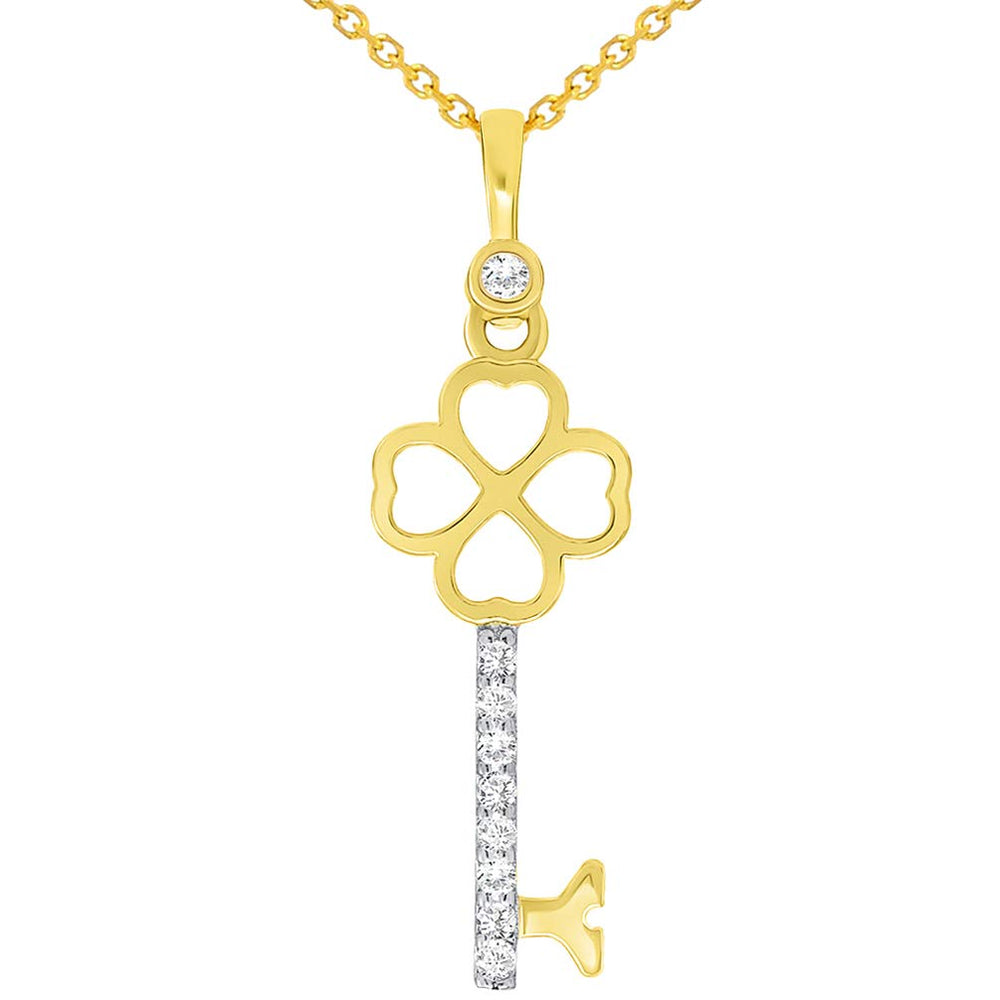 14k Yellow Gold Cubic Zirconia Four Leaf Clover Love Key To My Heart Pendant Necklace with Cable Chain