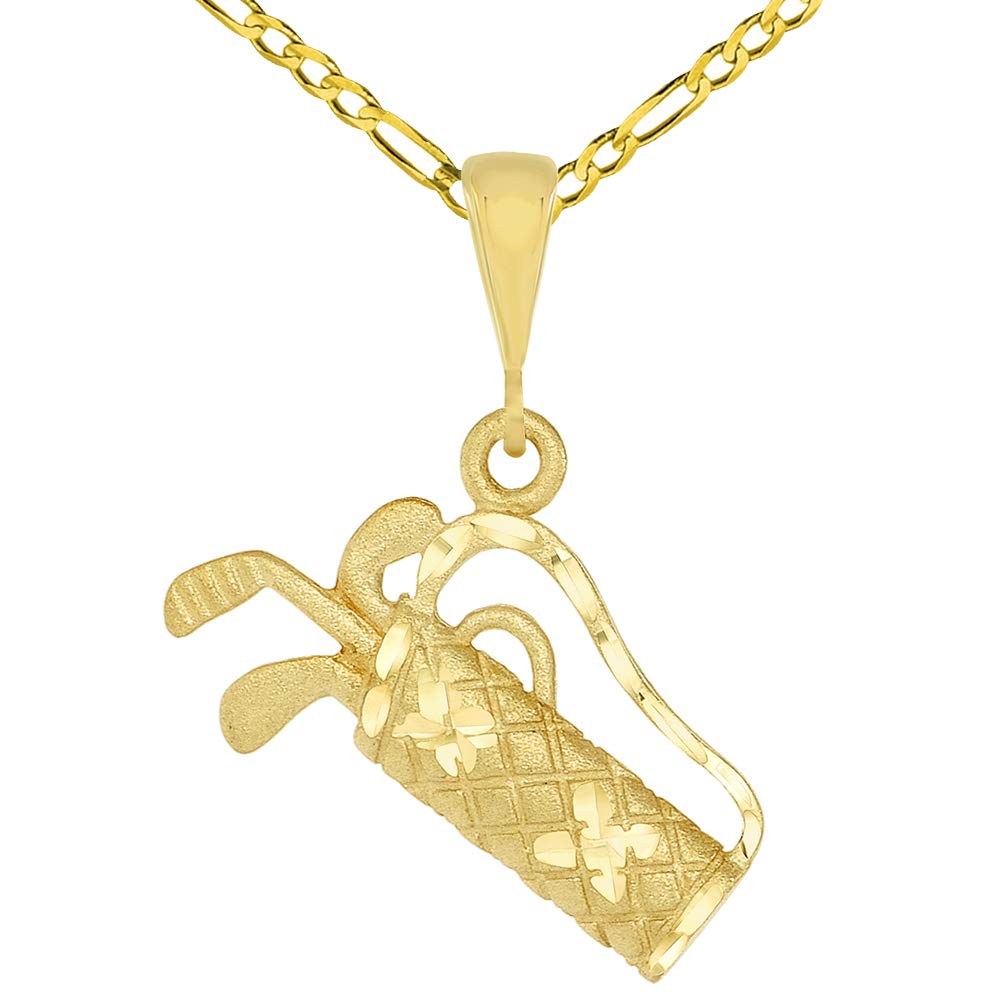14k Yellow Gold Set of Golf Clubs in a Sunday Carry Bag Charm Sports Pendant with Figaro Chain Necklace