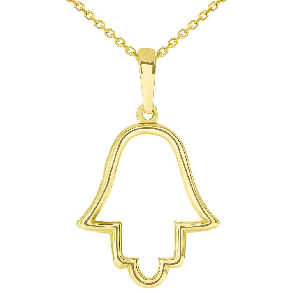 Solid 14k Yellow Gold Outline Hamsa Hand Pendant with Rolo Chain Necklace