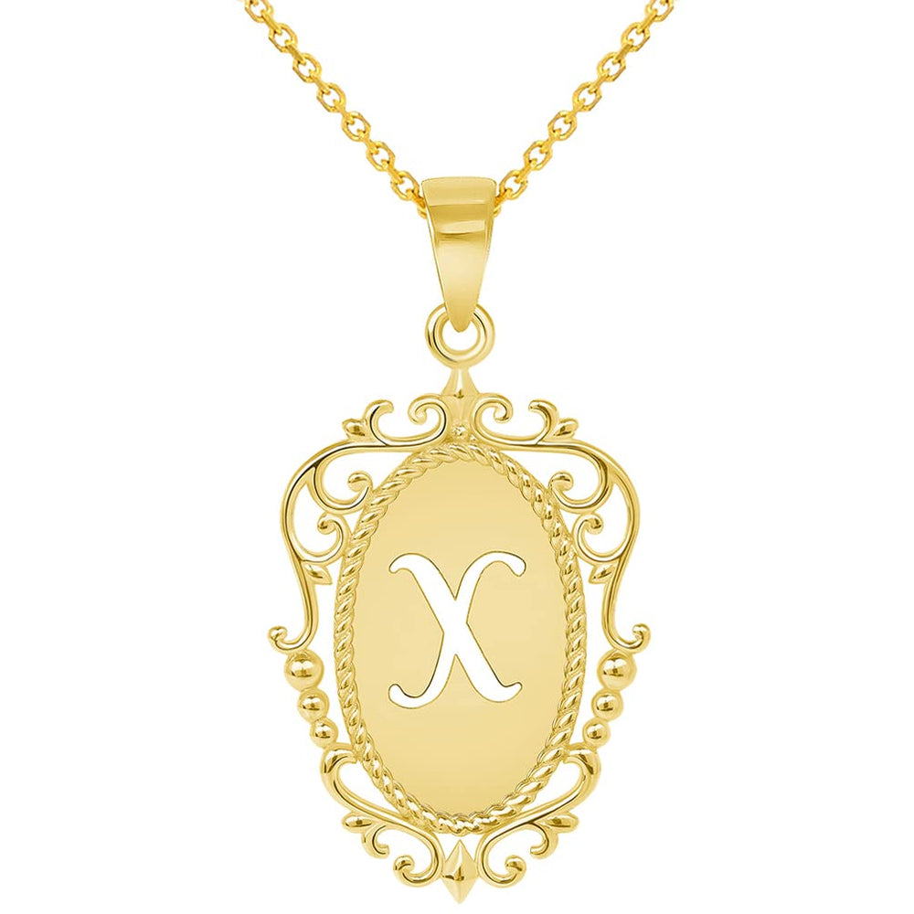 14k Yellow Gold Elegant Filigree Oval Uppercase Initial X Script Letter Plate Pendant with Cable Chain Necklace
