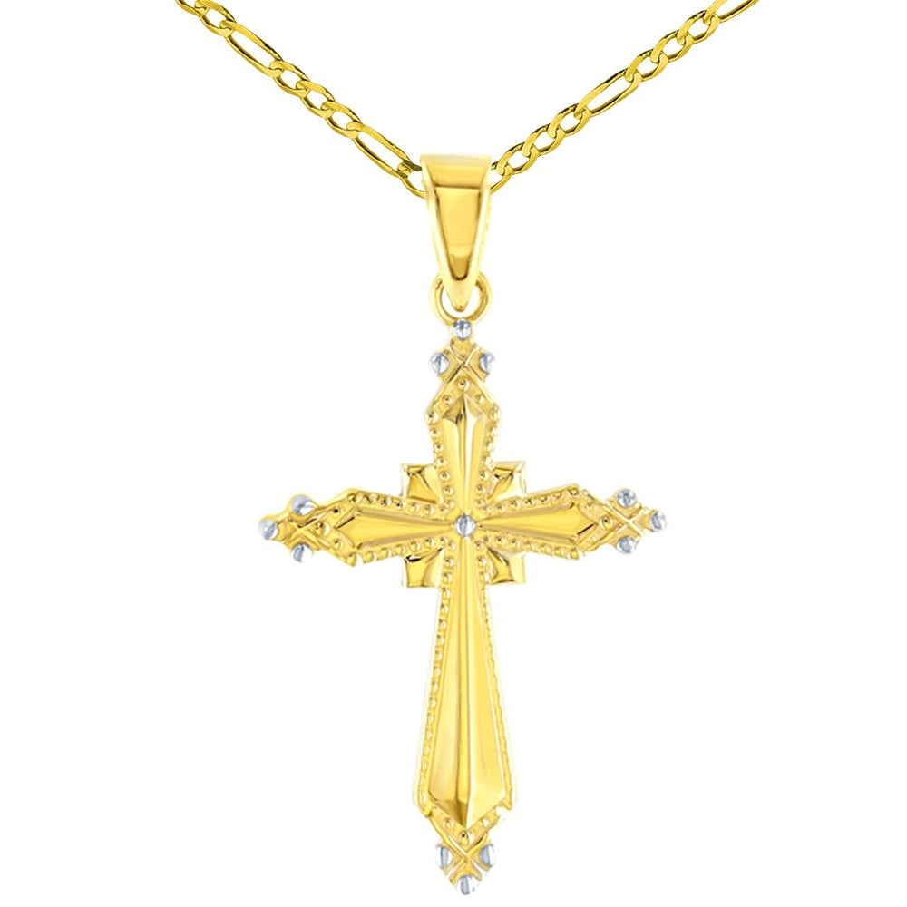 14K High Polish Yellow Gold Milgrain Cross Charm Pendant Figaro Chain Necklace