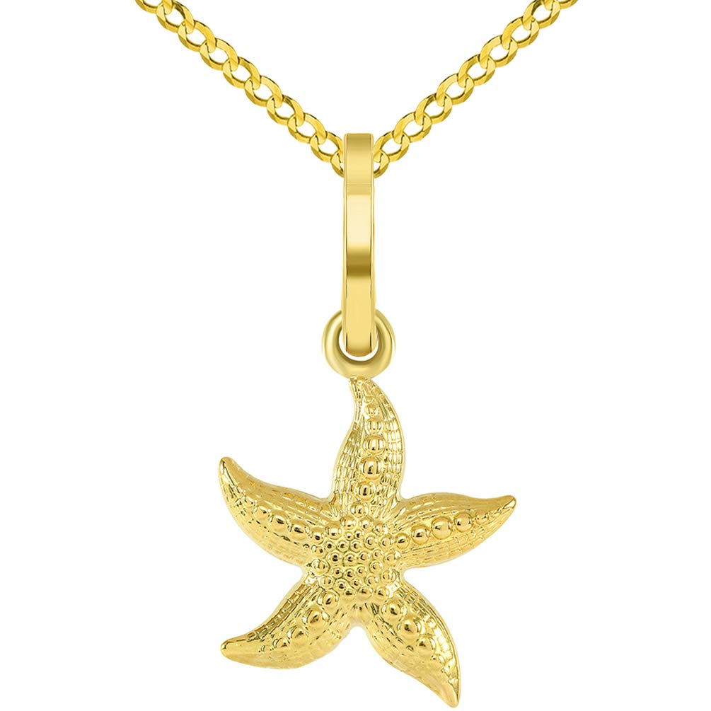 14k Gold Textured 3D Starfish Charm Pendant with Curb Chain Necklace - Yellow Gold