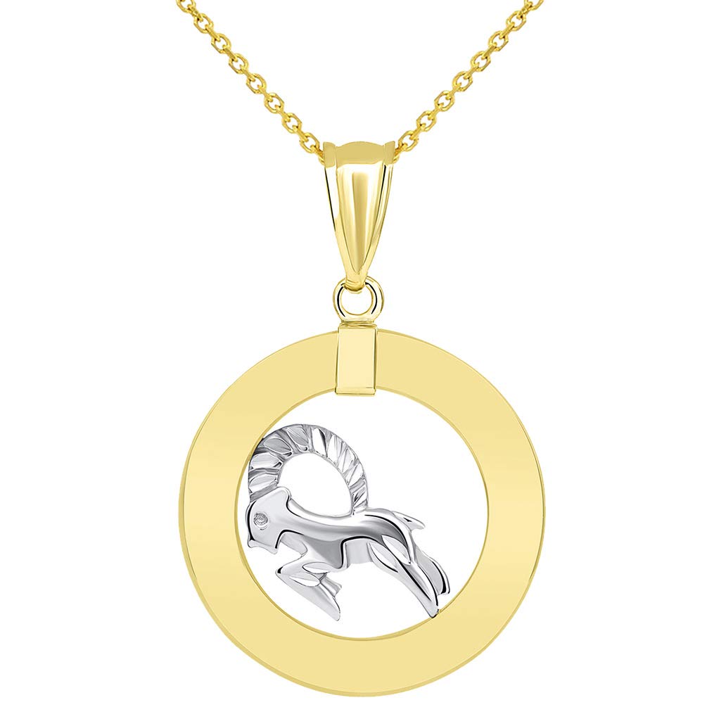 14k Two Tone Gold Open Circle Capricorn Zodiac Sign Pendant Necklace