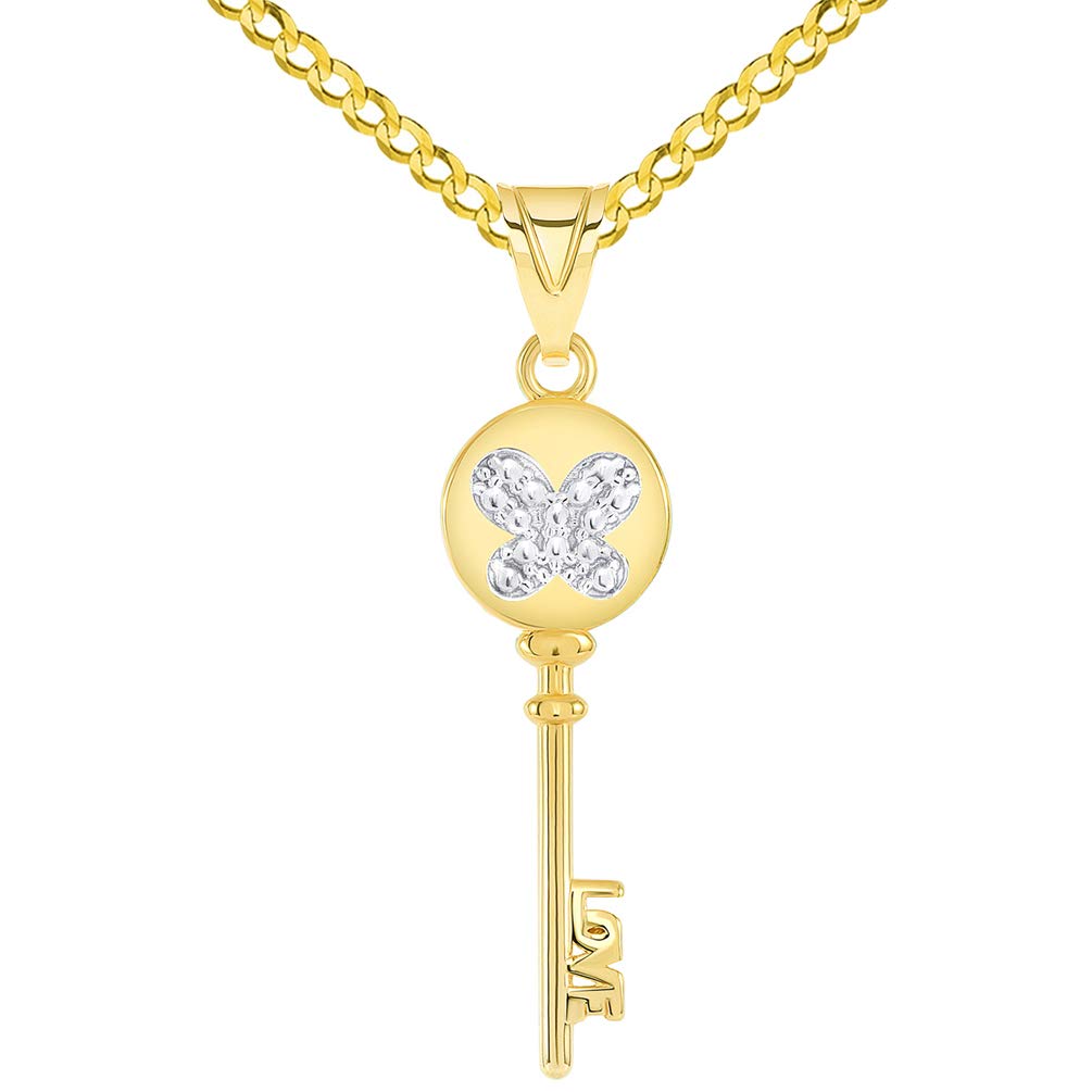 14k Yellow Gold Round Bow Handle Two Tone Butterfly Love Key Pendant with Curb Chain Necklace