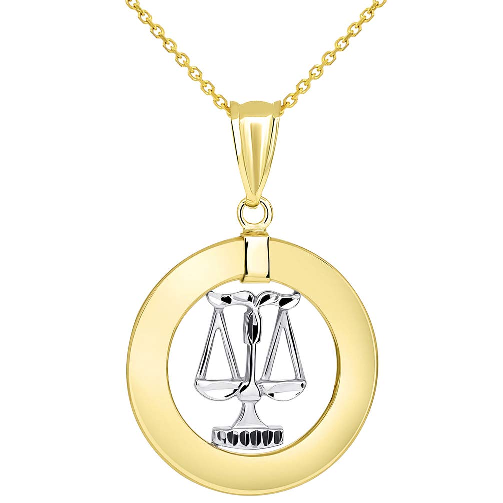 High Polish 14k Two Tone Gold Open Circle Libra Zodiac Sign Pendant Necklace