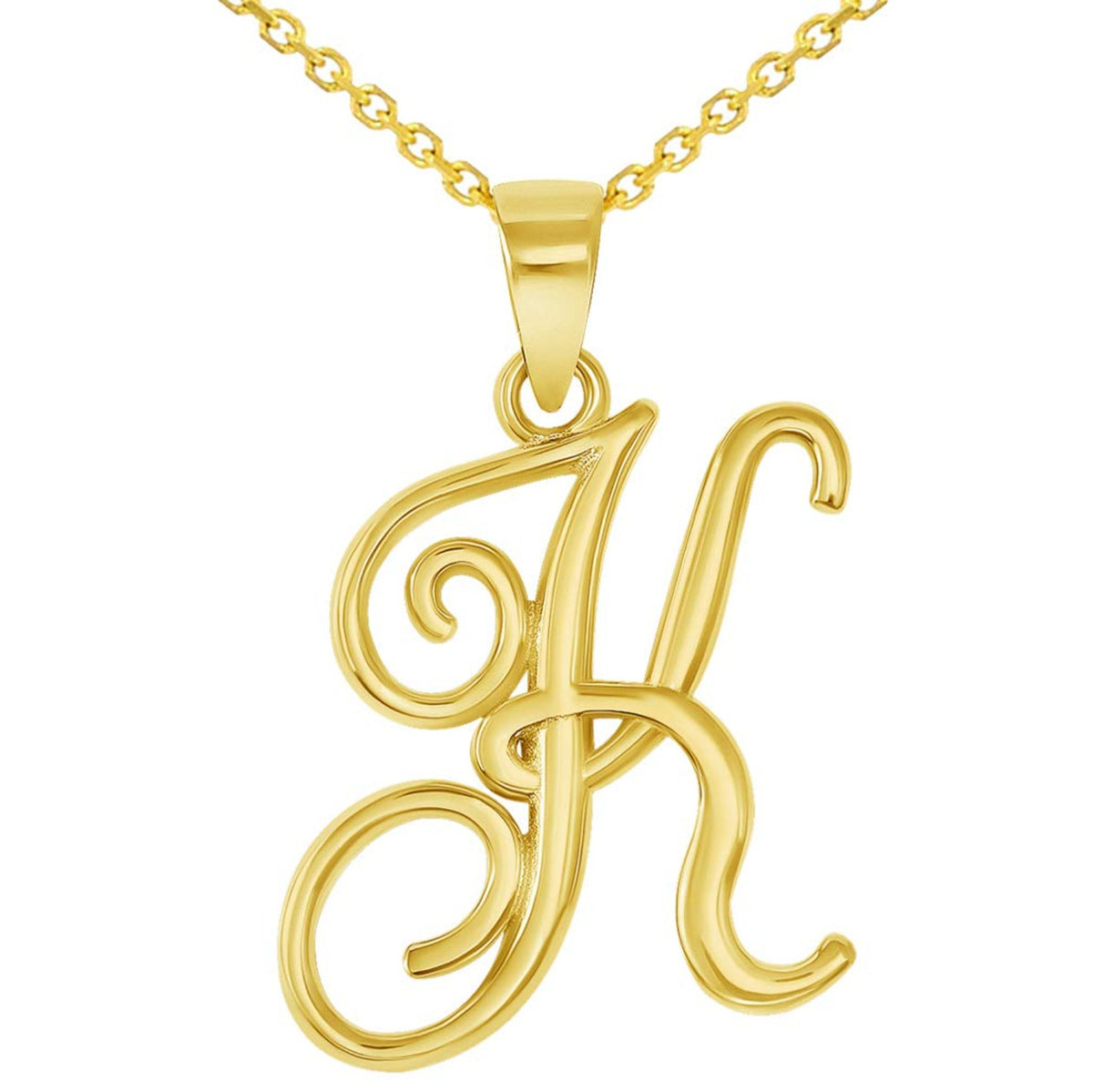 14k Yellow Gold Elegant Script Letter K Cursive Initial Pendant Necklace