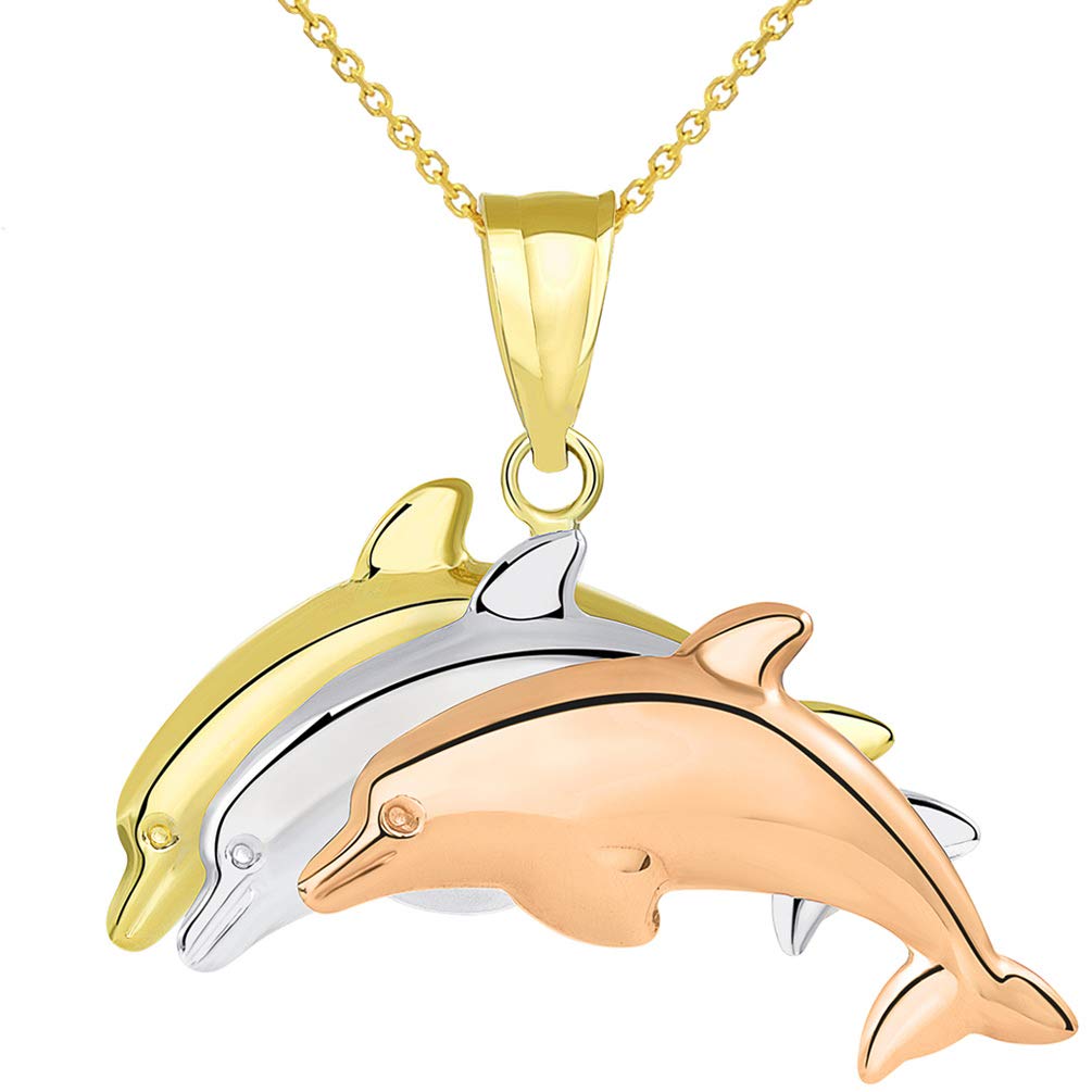 14k Tri-Color Gold Three Dolphins Jumping Pendant