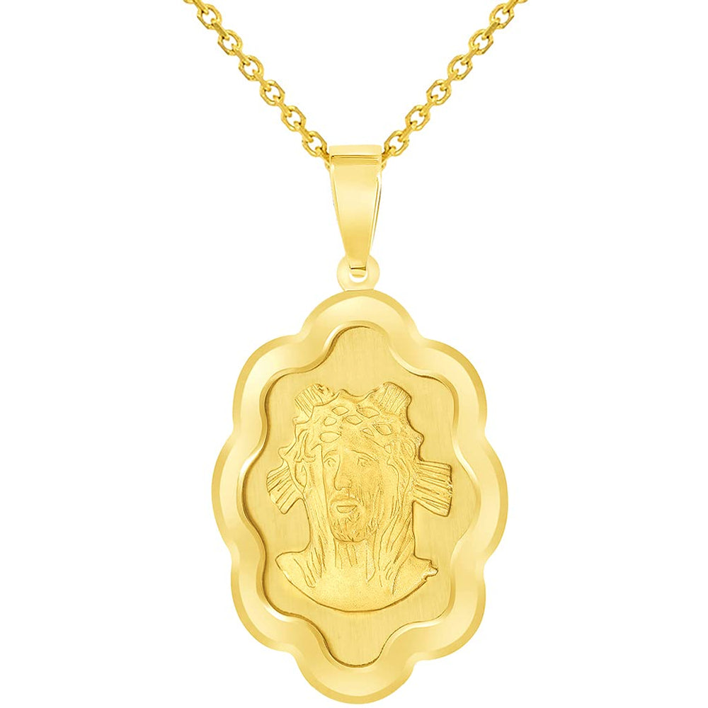 14k Yellow Gold Holy Face of Jesus Christ On Elegant Miraculous Medal Pendant Necklace