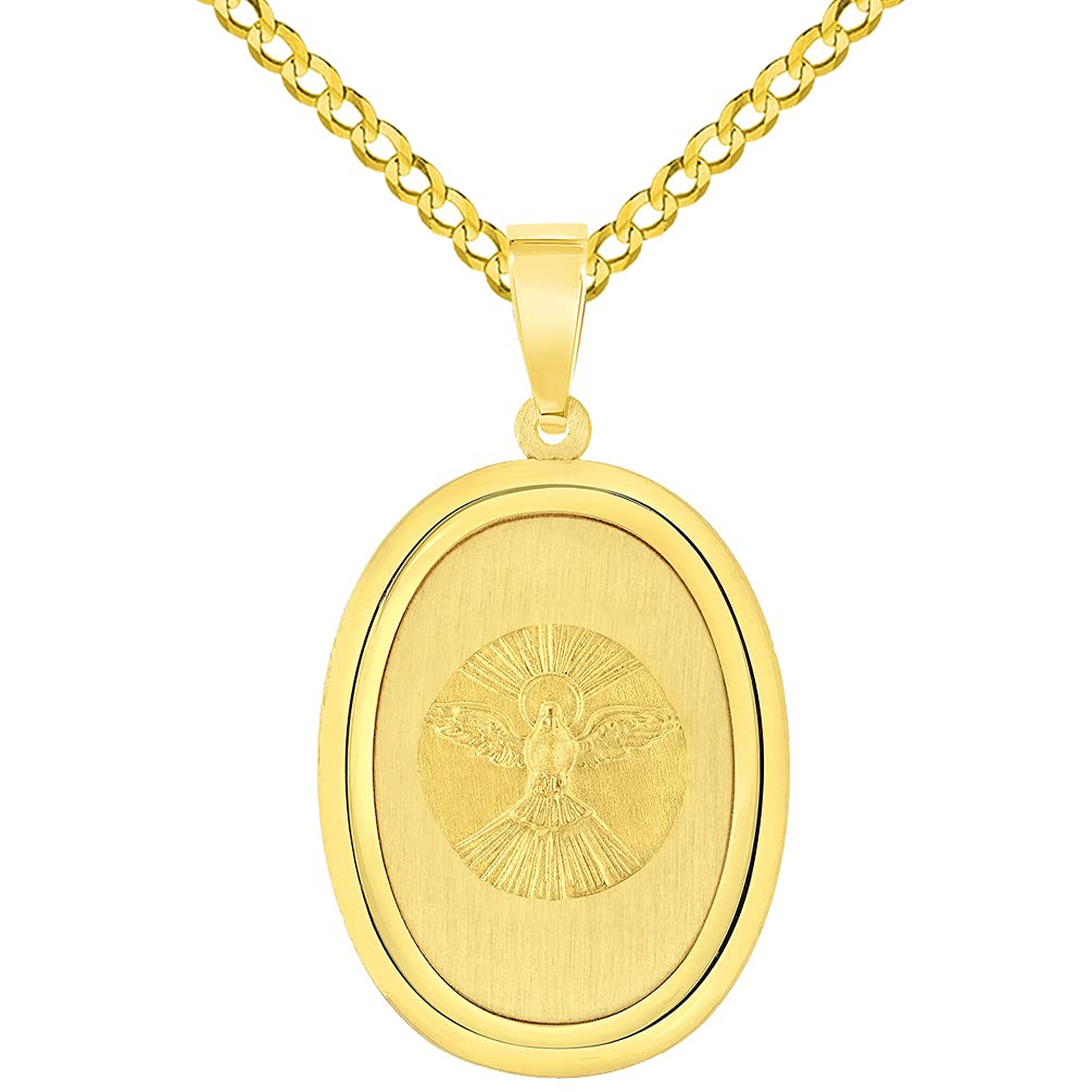 14k Yellow Gold Holy Spirit Dove Religious Oval Medal Pendant with Cuban Chain Curb Necklace