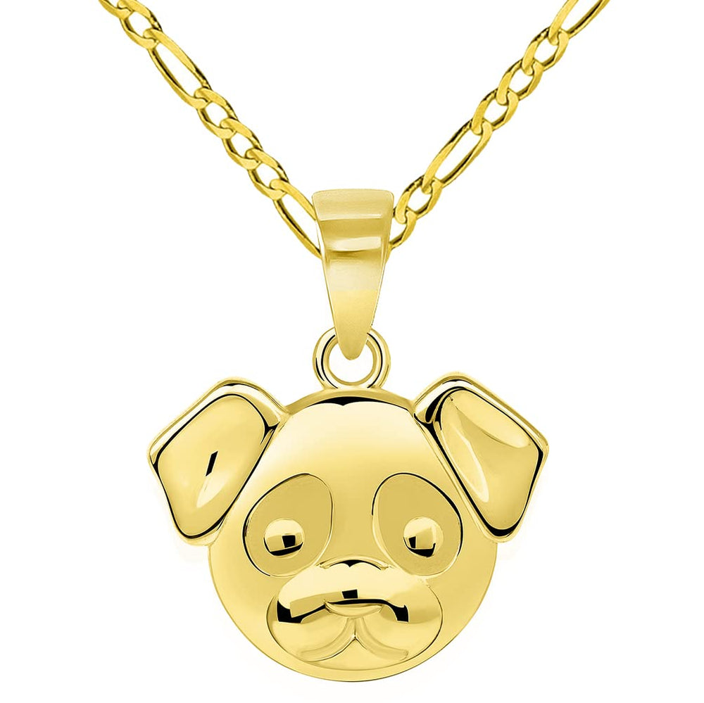 14k Yellow Gold Mini Puppy Face Charm Animal Pendant with Figaro Chain Necklace