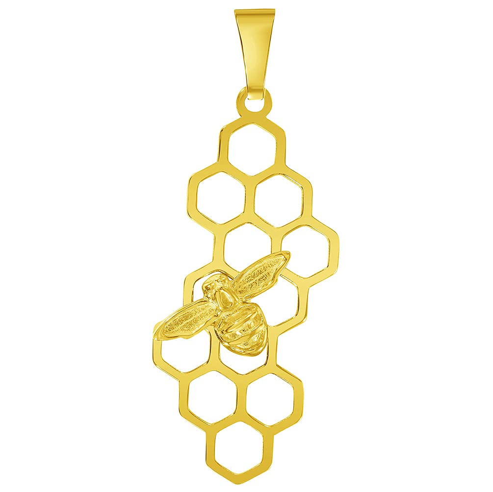 14k Yellow Gold Honey Bee On Honeycomb Pendant