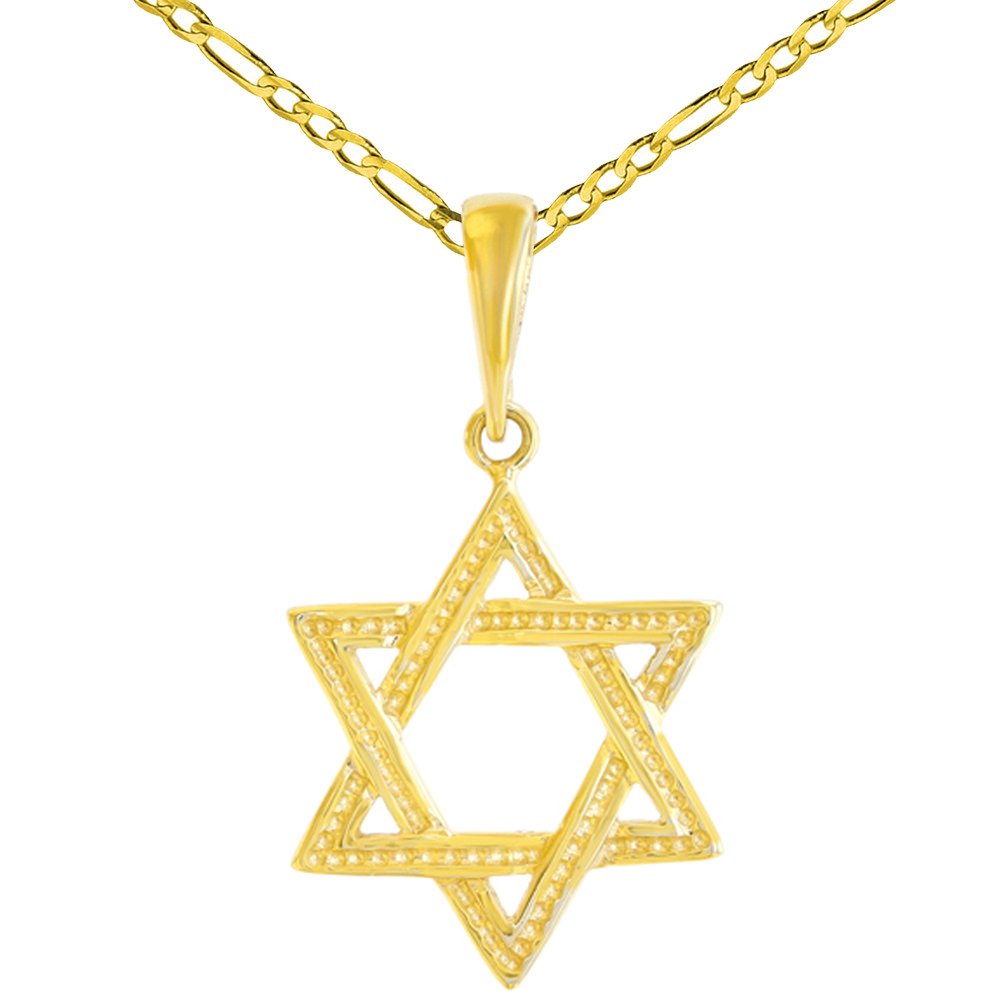 Solid 14K Gold Textured Jewish Star of David Charm Pendant Figaro Chain Necklace - Yellow Gold