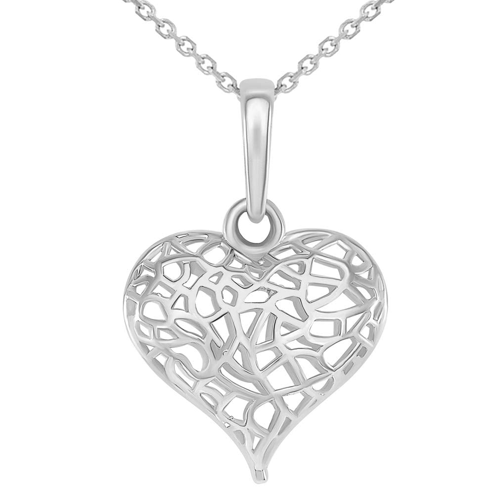 14k White Gold 3-D Open Puffed Heart Charm Pendant Necklace