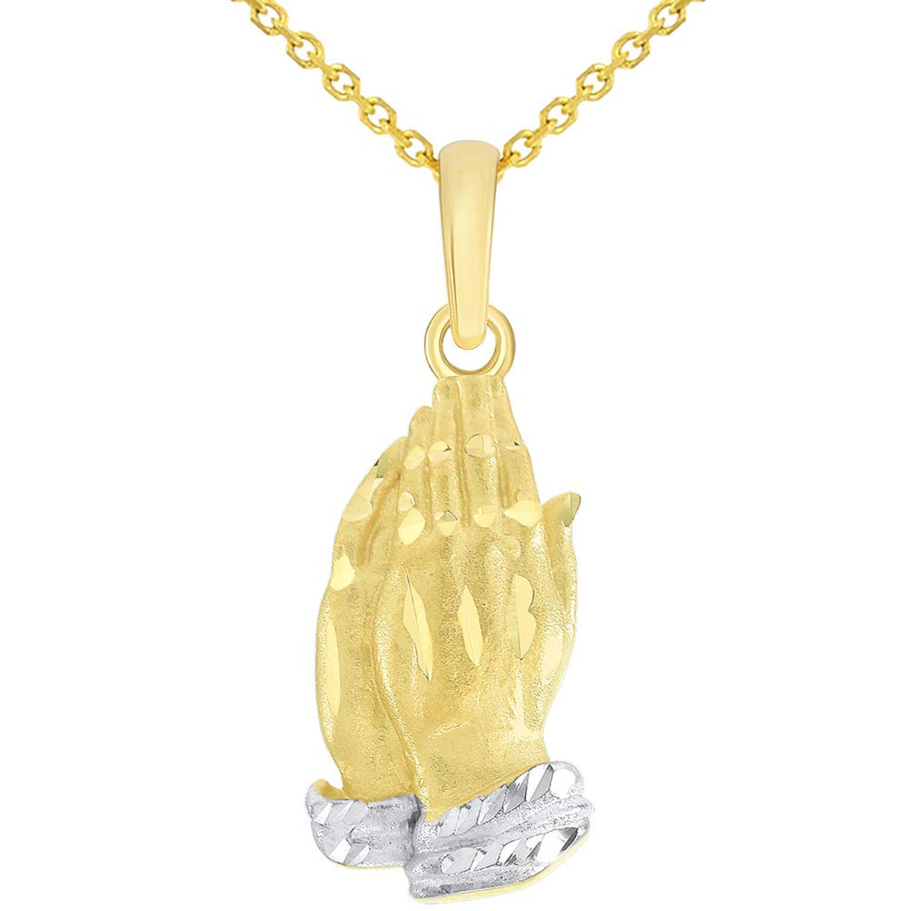 14k Yellow Gold Textured Praying Two-Tone Prayer Hands Charm Pendant Necklace