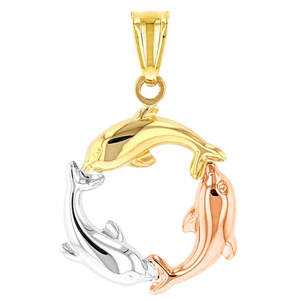 High Polish 14K Tri Color Gold Dolphin Circle Charm Pendant