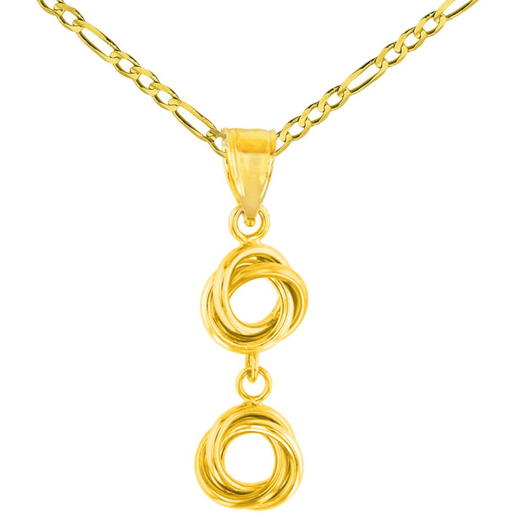 Solid 14K Yellow Gold Double Love Knot Charm Dangling Pendant Necklace