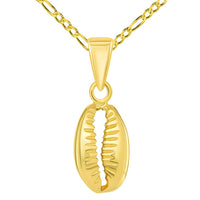 Load image into Gallery viewer, 14k Yellow Gold Small 3D Seashell Charm Cowrie Shell Pendant with Figaro Chain Necklace
