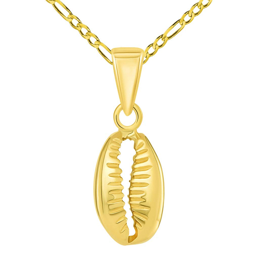 14k Yellow Gold Small 3D Seashell Charm Cowrie Shell Pendant with Figaro Chain Necklace