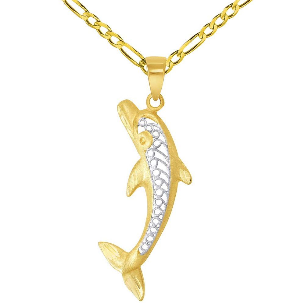 14k Yellow Gold Filigree Dolphin Jumping Up Pendant with Figaro Chain Necklace