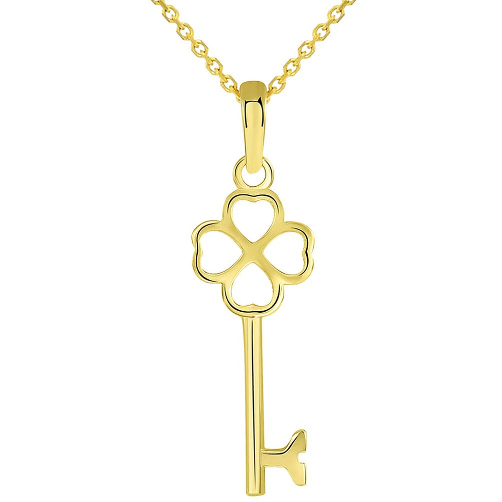 Solid 14K Yellow Gold Simple Four Leaf Clover Love Key Charm Good Luck Pendant Necklace