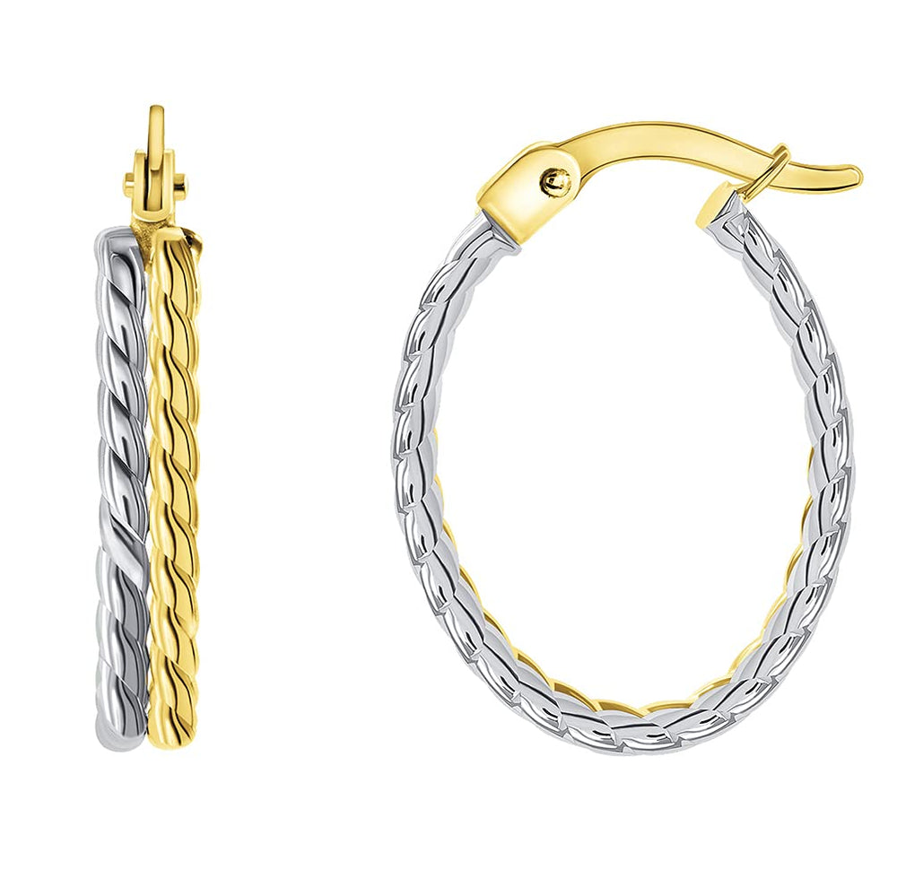 14k Two-Tone Gold Rope-Style Oval Double Hoop Earrings with Hinged Snap Back