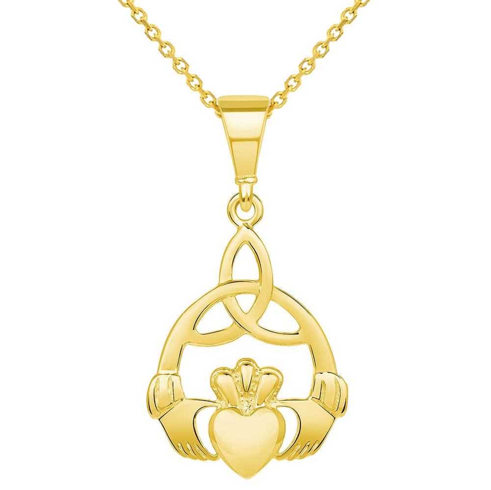 14k Yellow Gold Trinity Celtic Knot Irish Claddagh Hands Holding Heart Pendant Necklace