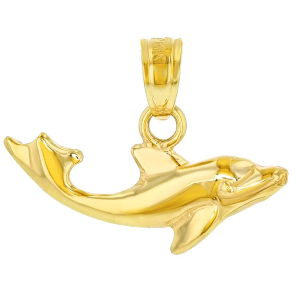 14K Yellow Gold Swimming Dolphin Charm Animal Pendant with High Polish