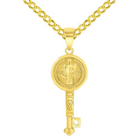 Load image into Gallery viewer, Solid 14k Yellow Gold Reversible Saint Benedict Key Charm Pendant with Cuban Curb Chain  Necklace
