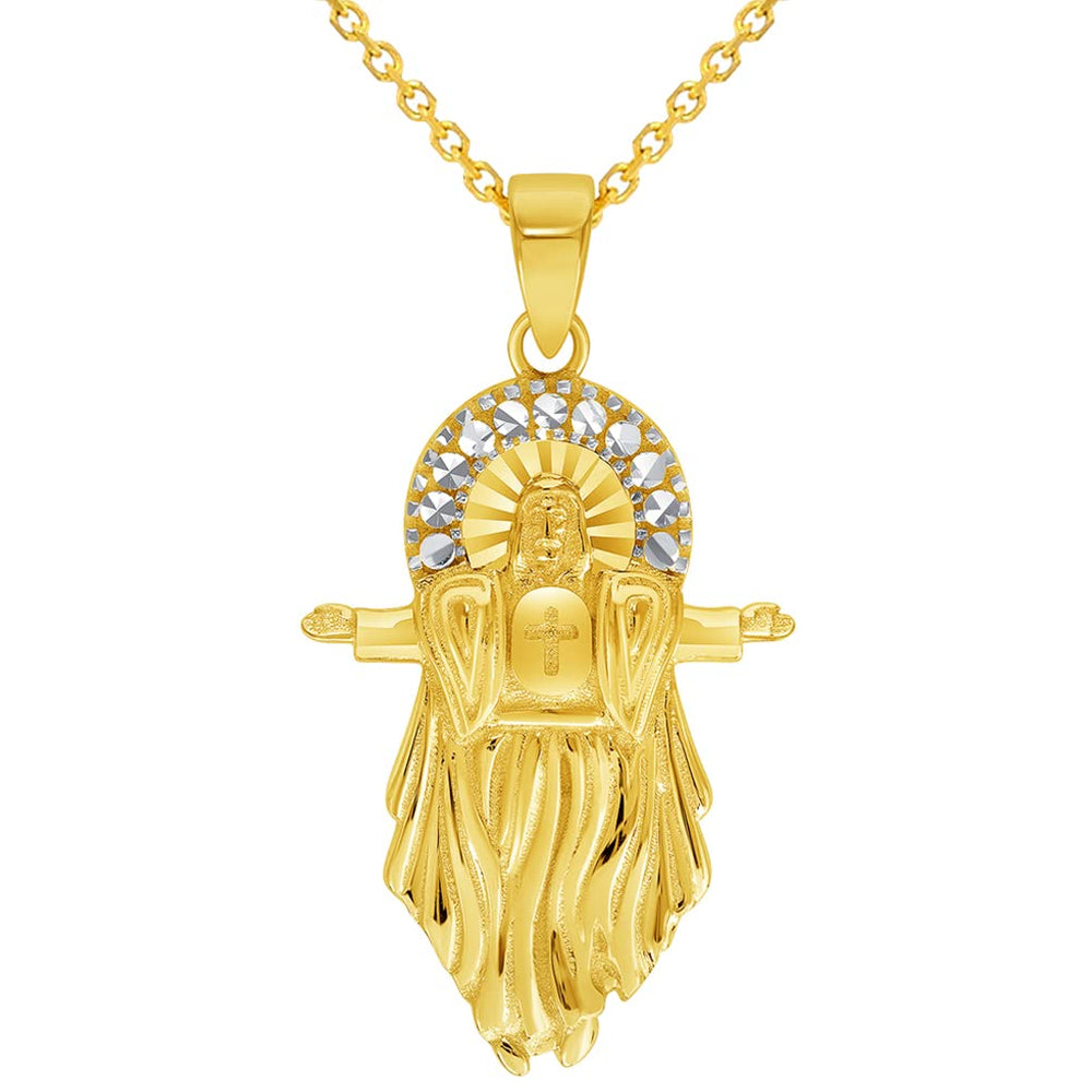 14k Yellow Gold Jesus Christ with Open Arms Pendant Cable Chain Necklace