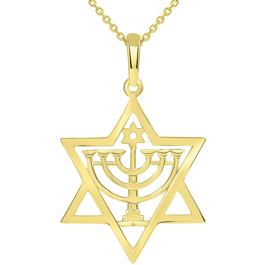 Solid 14k Yellow Gold Jewish Star of David with Menorah Pendant Rolo Chain Necklace