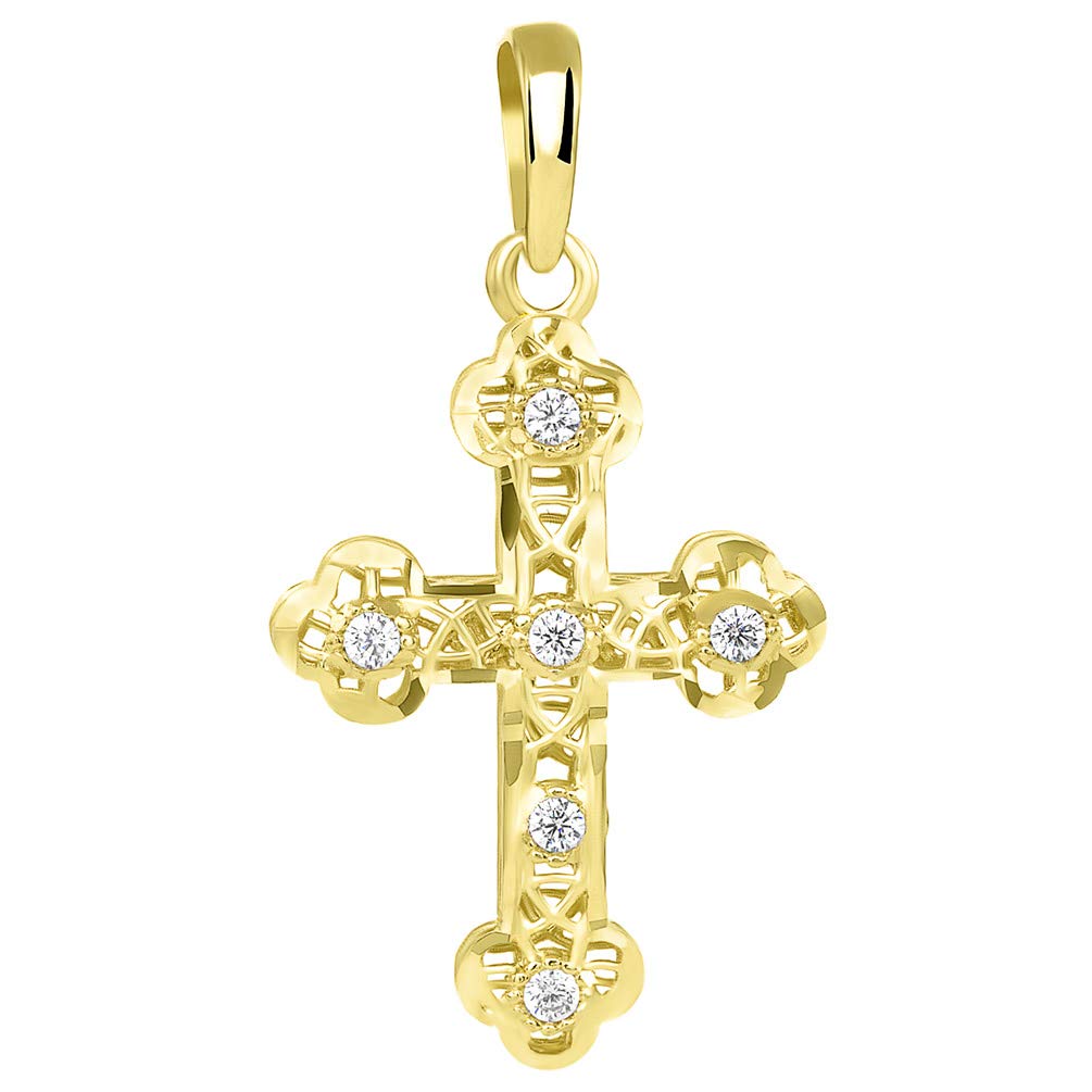 Textured 14K Yellow Gold Filigree Eastern Orthodox CZ Cross Charm Pendant